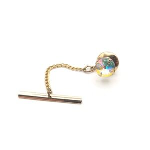 Vintage Gold Tone Aurora Borealis AB Crystal Tie Tack with Safety Chain Bar